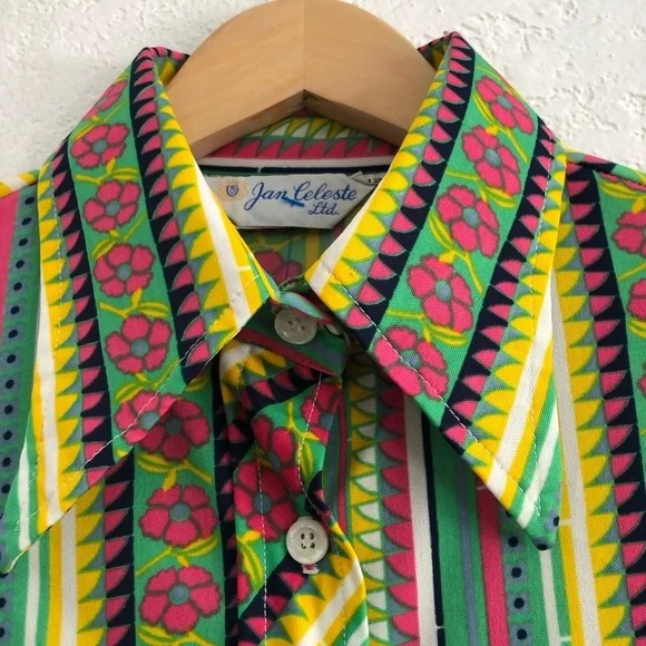 Vintage 70s Psychedelic Floral Dagger Collar Nylon Disco Shirt Blouse Top Medium - Picture 6 of 15